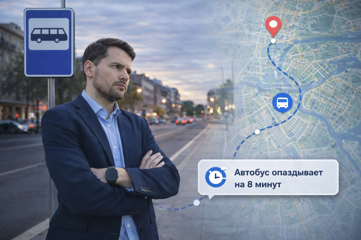 Сотрудник ждёт корпоративный автобус на остановке, развозка сотрудников задерживается