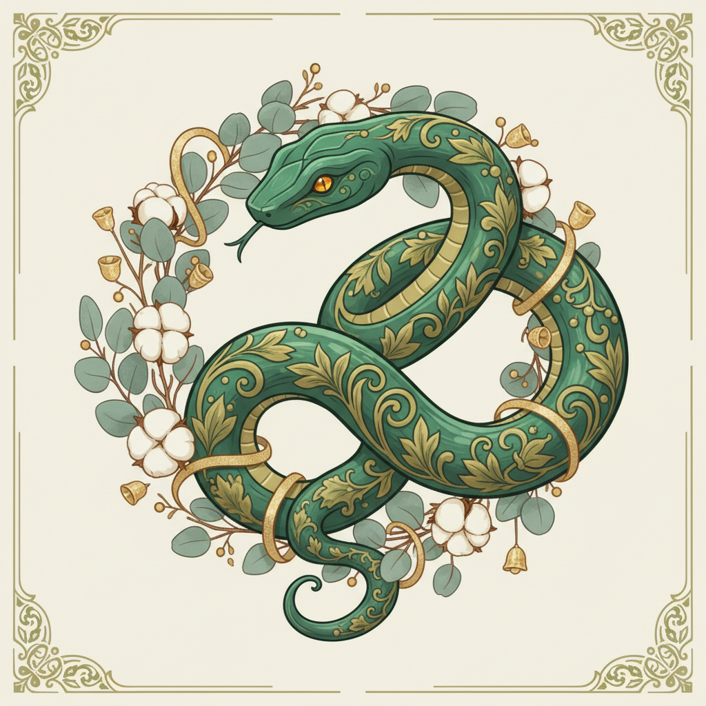Стилизованное изображение Зелёной Деревянной Змеи, элегантно вплетенной в новогоднюю композицию из веток, сухоцветов и металлических элементов.