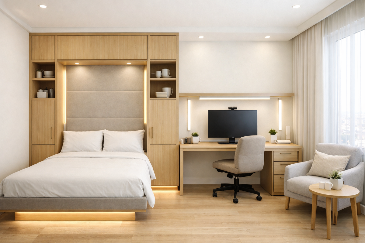 Гостевая‑кабинет 10 м² в СПб: откидная кровать‑шкаф 160×200, рабочее место