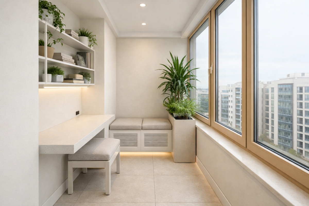 Лоджия 3 м² в СПб: тёплый кабинет‑зимний сад, full‑spectrum досветка