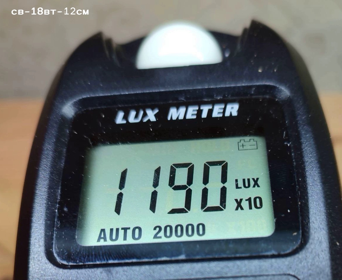 Обычная светодиодная лампа, 18Вт, расстояние от люксометра до лампы 12 см