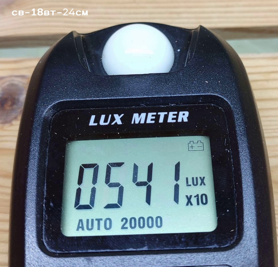 Обычная светодиодная лампа, 18Вт, расстояние от люксометра до лампы 24 см