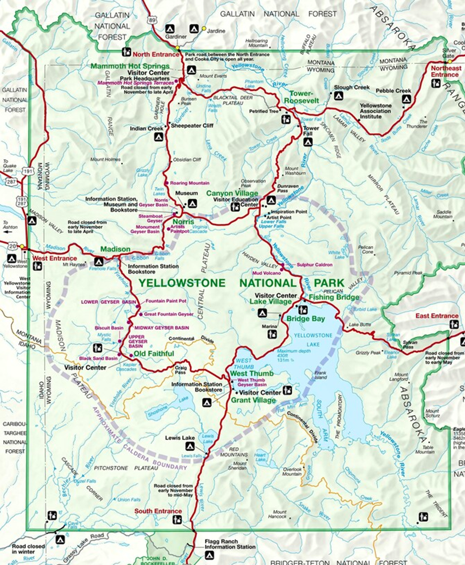 Карта дорог Йеллоустонского национального парка. Большая восьмёрка