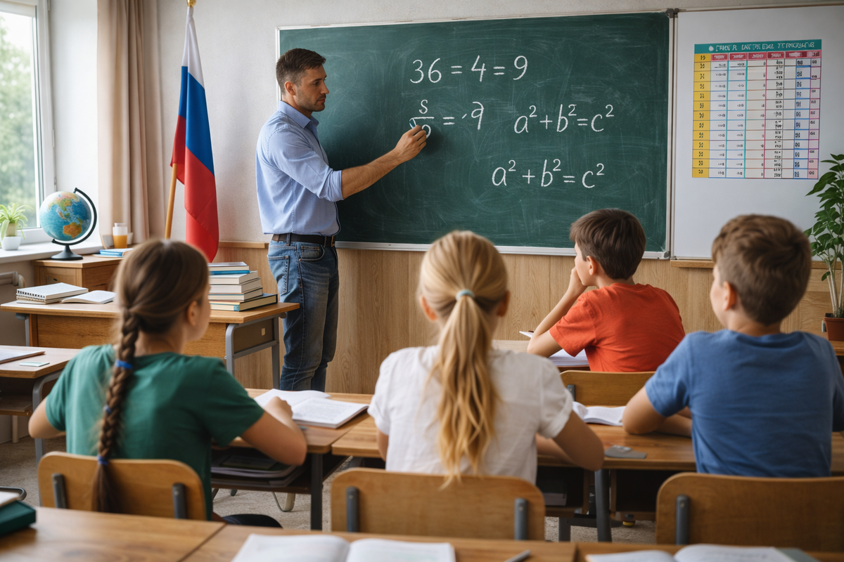 Урок математики в классе. Обучает учитель математики