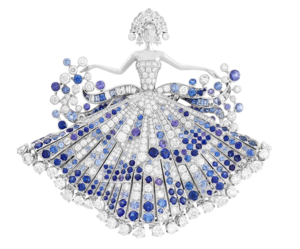 Van Cleef & Arpels: коллекция высокого ювелирного искусства Le Secret. Брошь La Métamorphose du Cygne. Желтое золото, белое золото, цветные сапфиры, гранаты-спессартиты, черные шпинели, оникс, бриллианты.