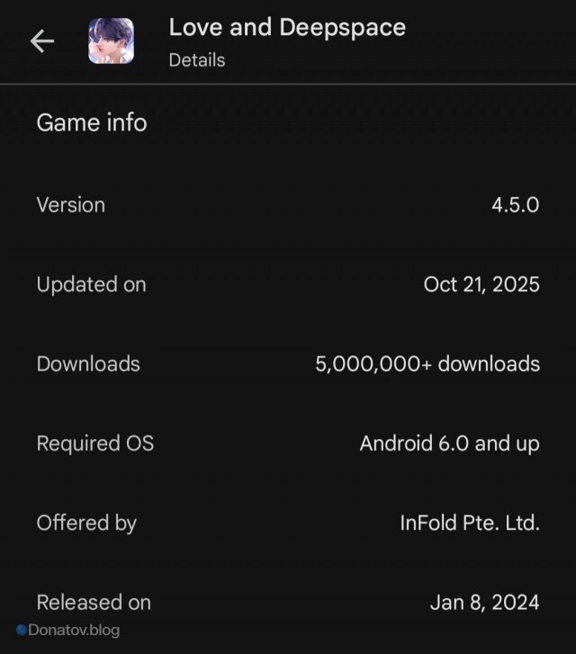    Требования Love and Deepspace в Google Play