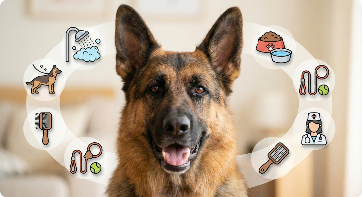 Немецкая овчарка и основные пункты ухода: питание, прогулки, гигиена, контроль здоровья.