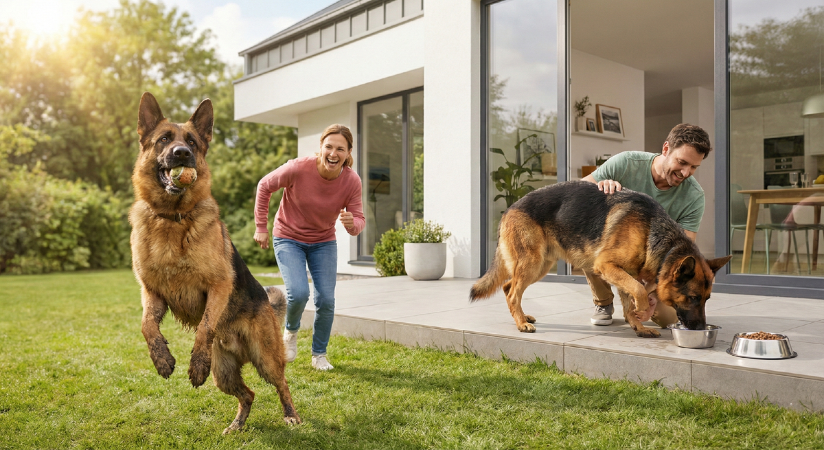 немецкая овчарка играет и бегает во дворе, затем ест из миски у дома рядом с хозяином.