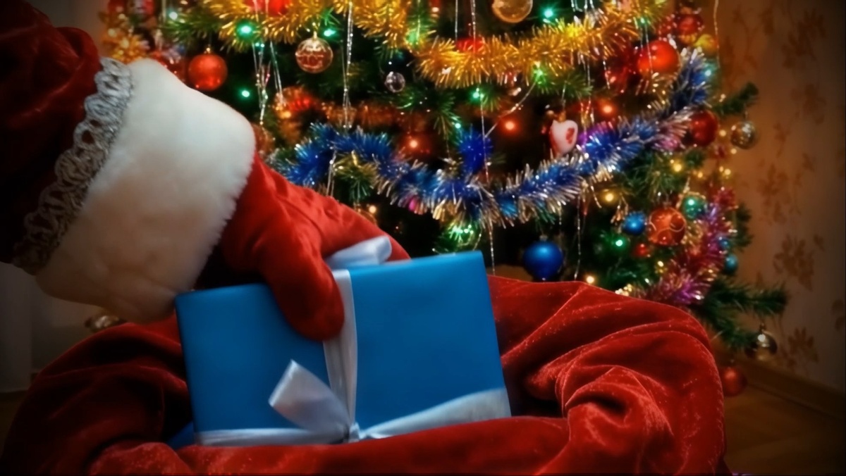 дед мороз кладет подарок под ёлку