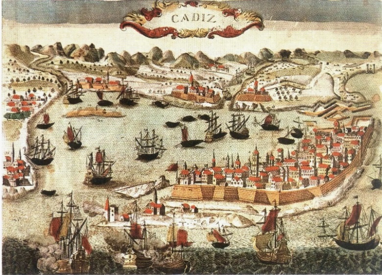 Панорама испанскогопорта Кадиса. Старинная гравюра