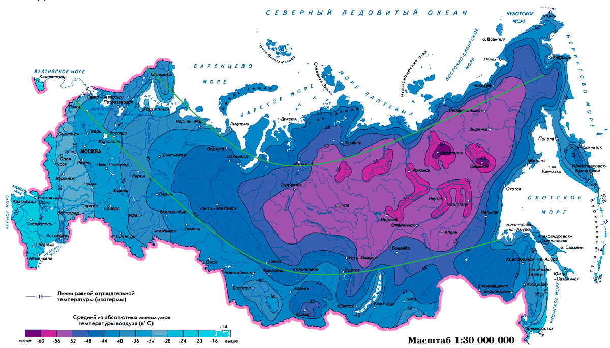 Средняя минимальная температура воздуха на территории России   