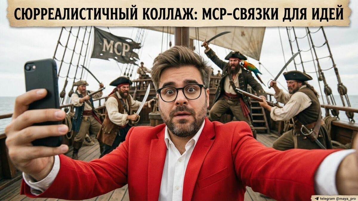    Сюрреалистичный коллаж, иллюстрирующий MCP-связки для идей и коллажей. Артур Хорошев