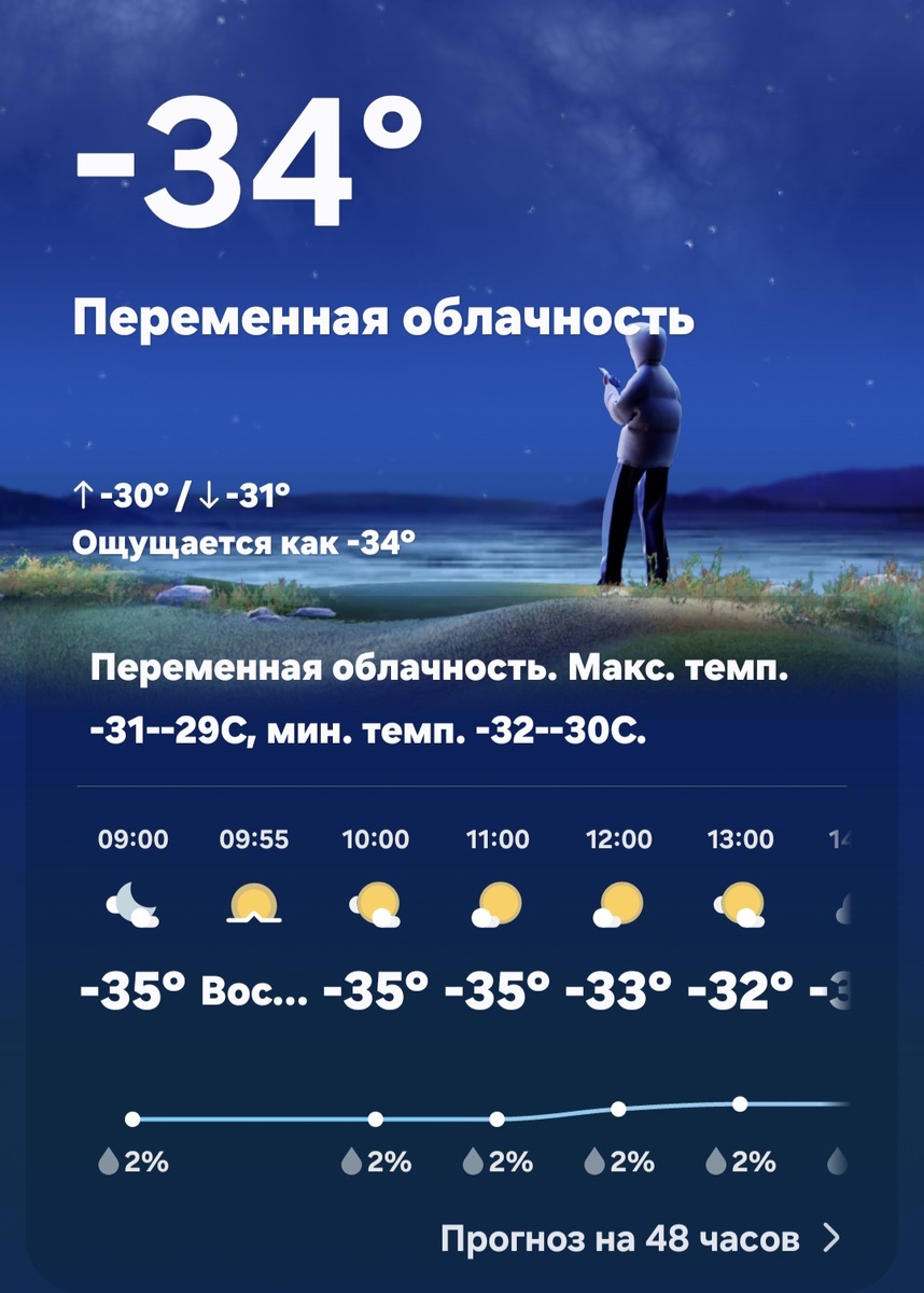 На телефоне показывает такой прогноз, но по факту может и ниже температура.