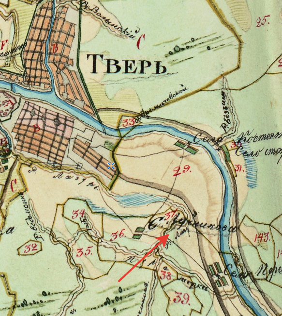 Сельцо Лучниково на карте 19 века, обозначено стрелкой.