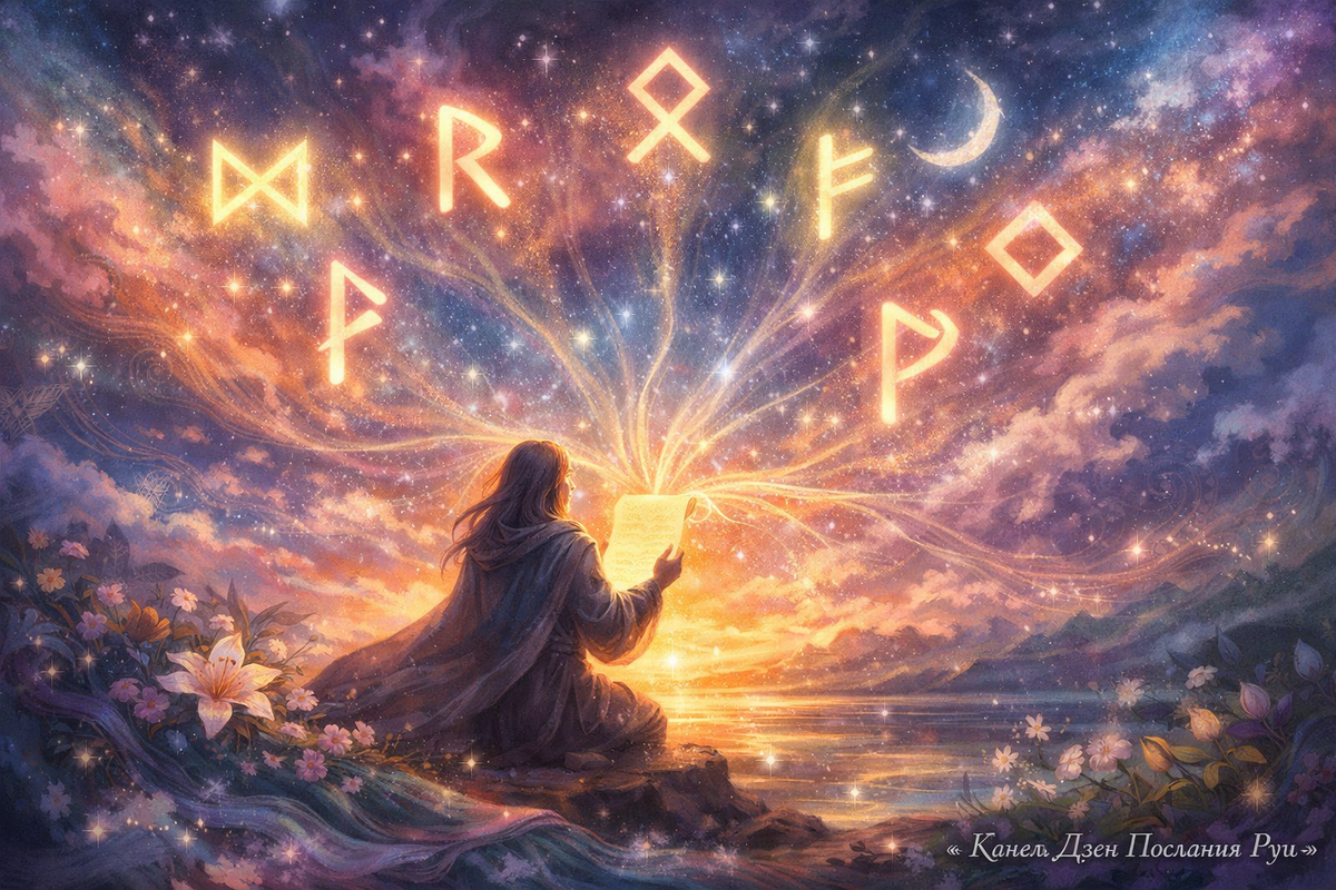 Тайное послание Архангела Гавриила и личный рассвет
Иллюстрация к руническому раскладу «Тайное послание Архангела Гавриила»: светящееся письмо, руны Дагаз, Райдо, Феху, Турисаз, Вуньо и Отила, знаки судьбы в небе. Для тех, кто ищет гадание на рунах онлайн, послания Архангелов и тонкие подсказки о своём пути.