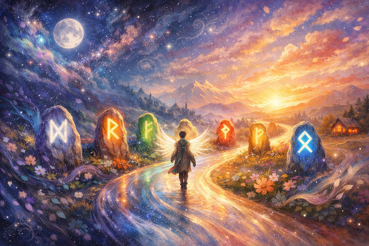 Дорога судьбы и руны-путеводные знаки
Рунический оракул о дороге души: фигура, идущая по светящемуся пути, вокруг — руны Дагаз, Райдо, Феху, Турисаз, Вуньо и Отила как путеводные знаки. Мистическая иллюстрация для тех, кто интересуется гаданием на рунах, предсказанием будущего и поддержкой Архангела Гавриила на жизненном пути.