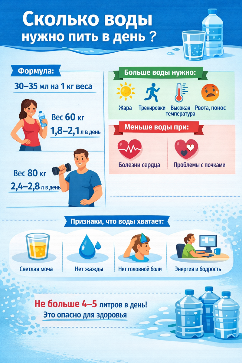 Инфографика показывает, сколько воды нужно пить в день.