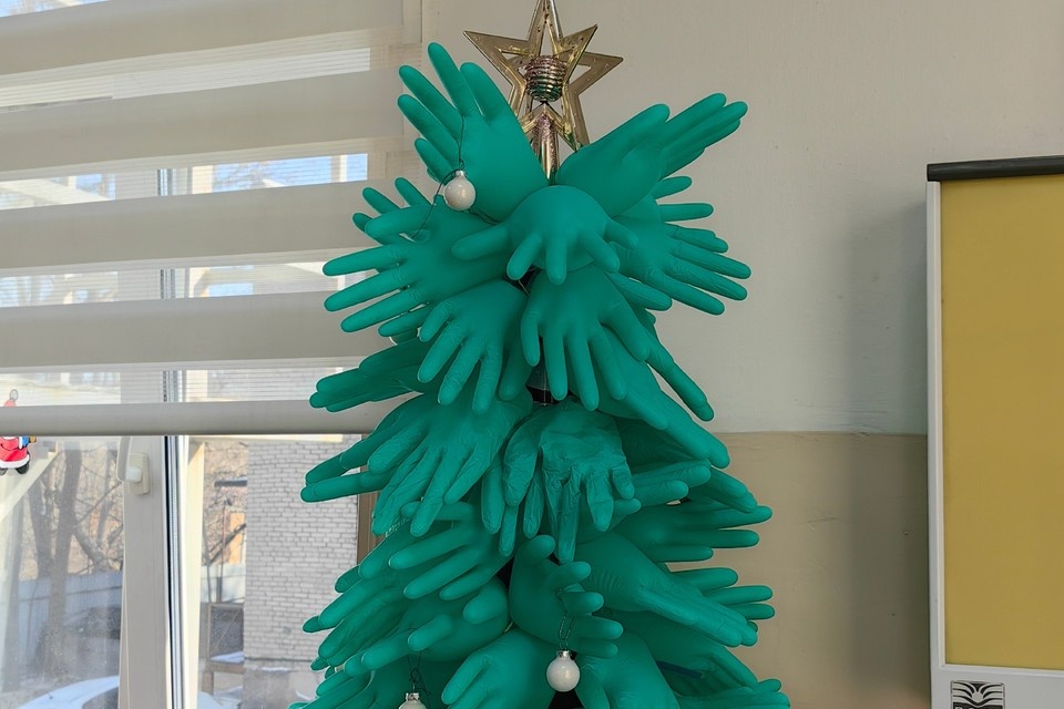    Медики надули зеленые перчатки и соорудили из них необычную елку. Фото: ГБУЗ «Приморский краевой противотуберкулезный диспансер»