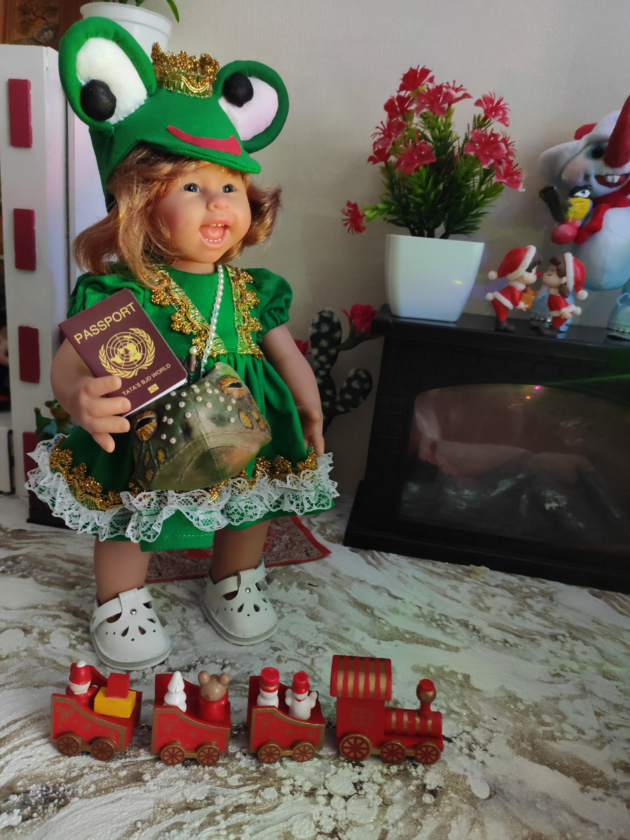 Показывает паспорт деду Морозу.