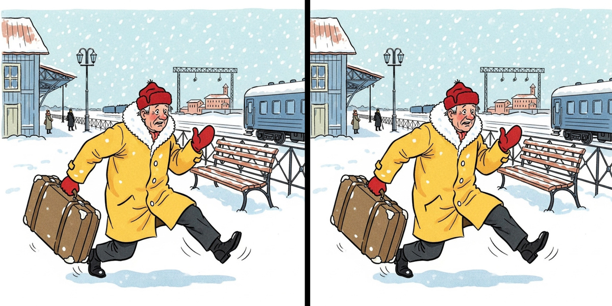 Найдите 4 отличия. Мужчина опаздывает на поезд