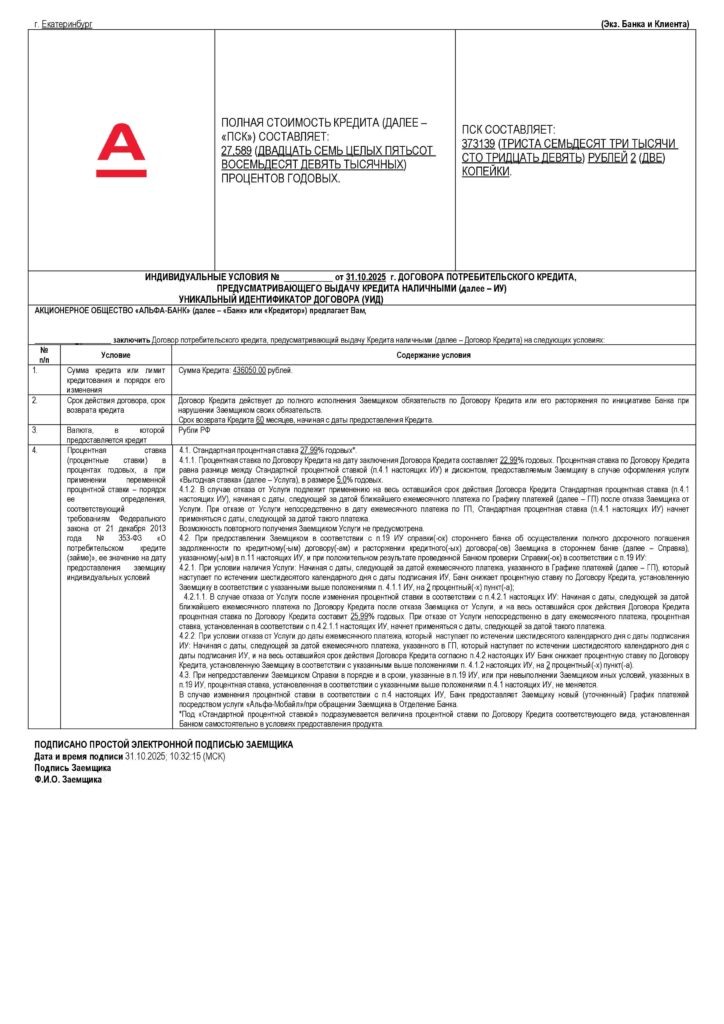 Кредитный договор в АО "Альфа-банк"