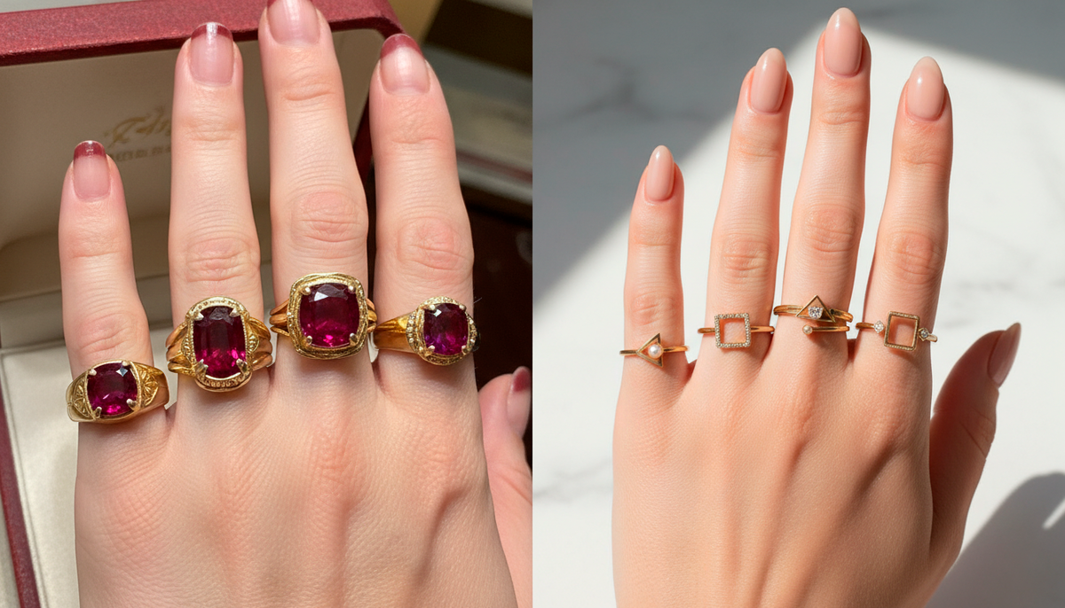 Битва эпох. Слева — «бабушкино наследство», которое сразу делает руки возрастными. Справа — современная геометрия, которая освежает и говорит о том, что вы следите за модой.