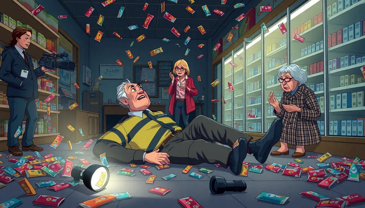 Вот он — момент славы Петровича! 😂 Запечатлела тот самый легендарный прямой эфир: хаос, летающие упаковки, шокированная журналистка и невозмутимая бабушка. Классика!