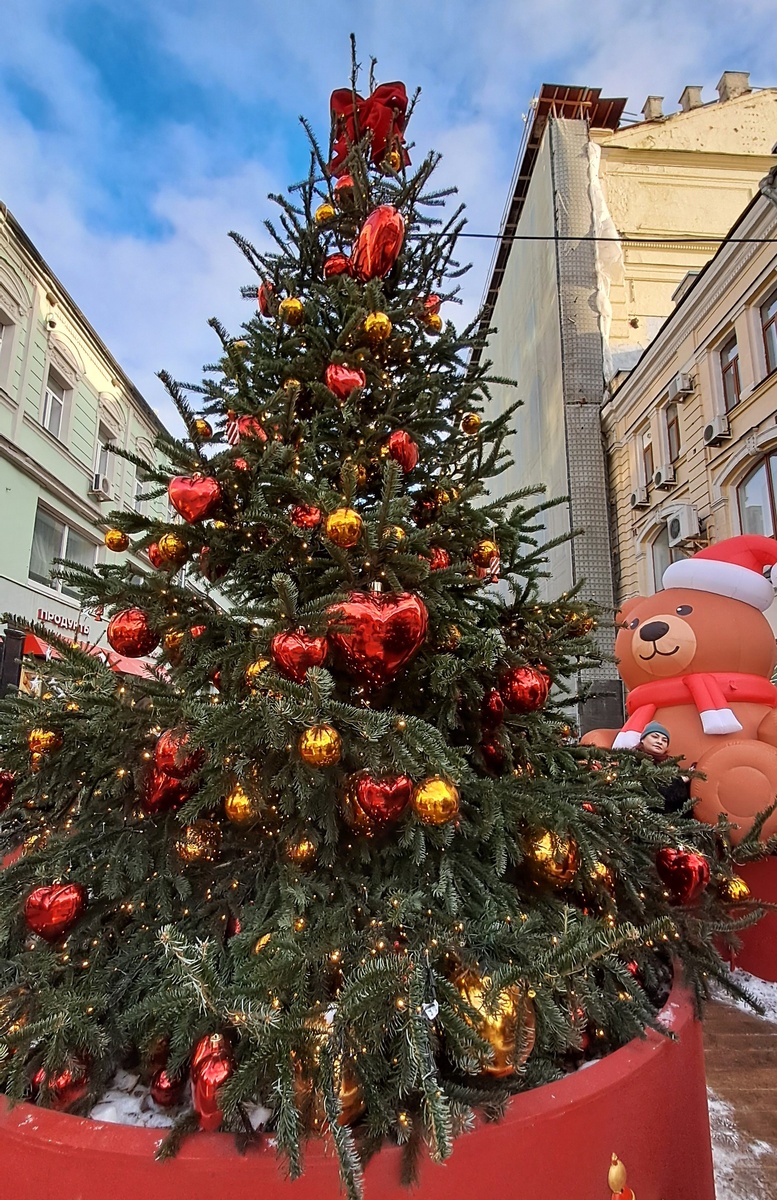 Зима в Москве. Елка с золотыми и красными шарами.