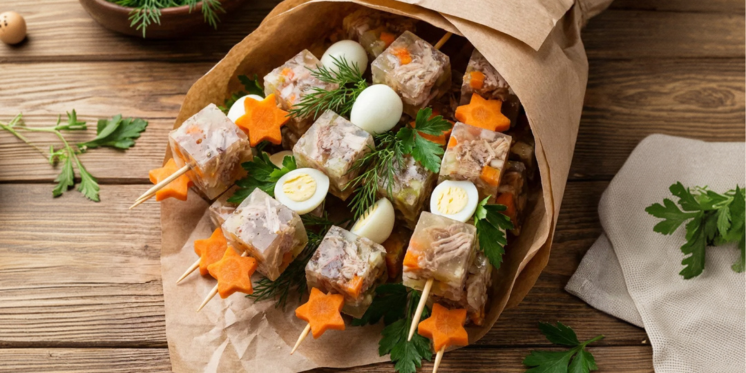 Новогодние съедобные букеты: холодец, оливье и икра