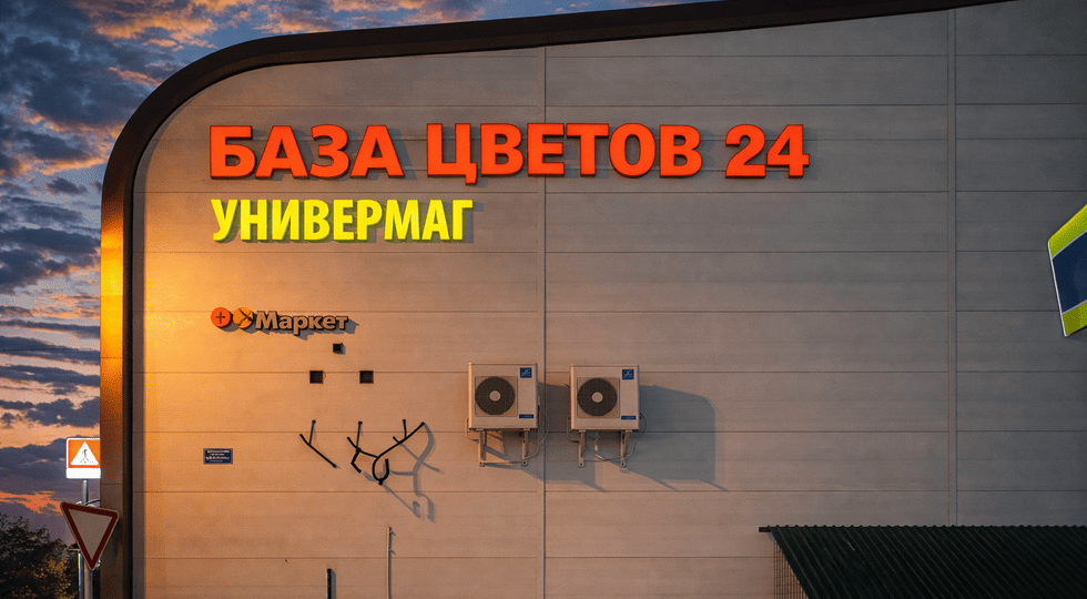 Большая фасадная вывеска «БАЗА ЦВЕТОВ 24»: когда масштаб работает на бизнес