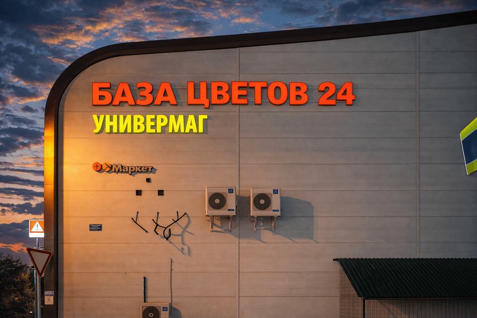 Большая фасадная вывеска «БАЗА ЦВЕТОВ 24»: когда масштаб работает на бизнес