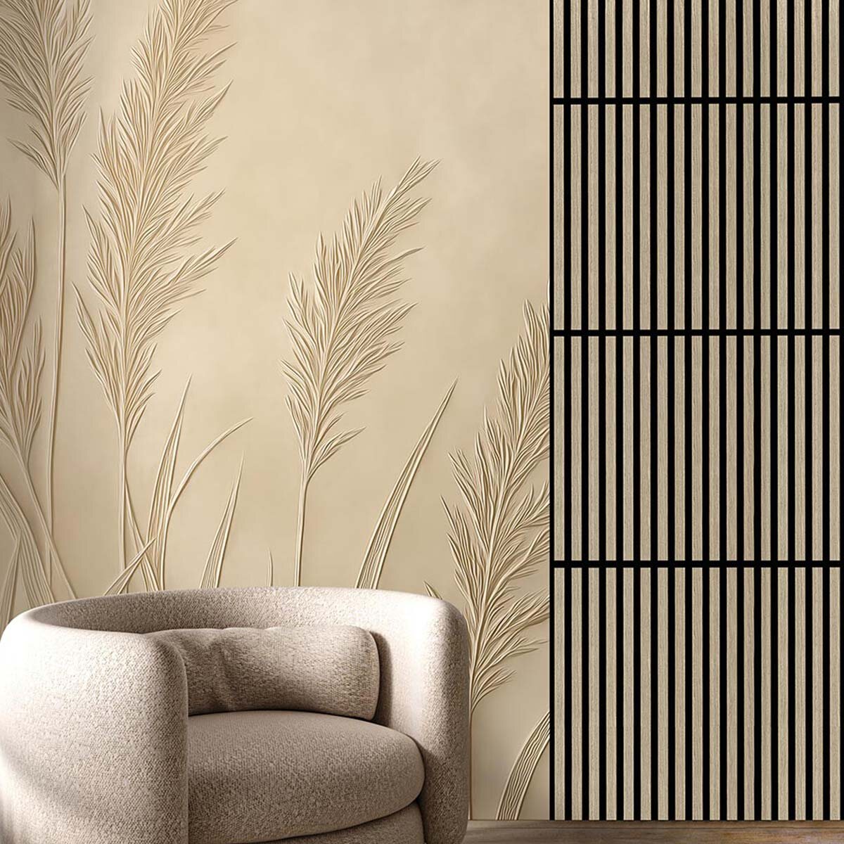 Пример отделки стены флизелиновыми фотообоями и акустическими реечными панелями VEROL. Артикул на WB: 388058824.