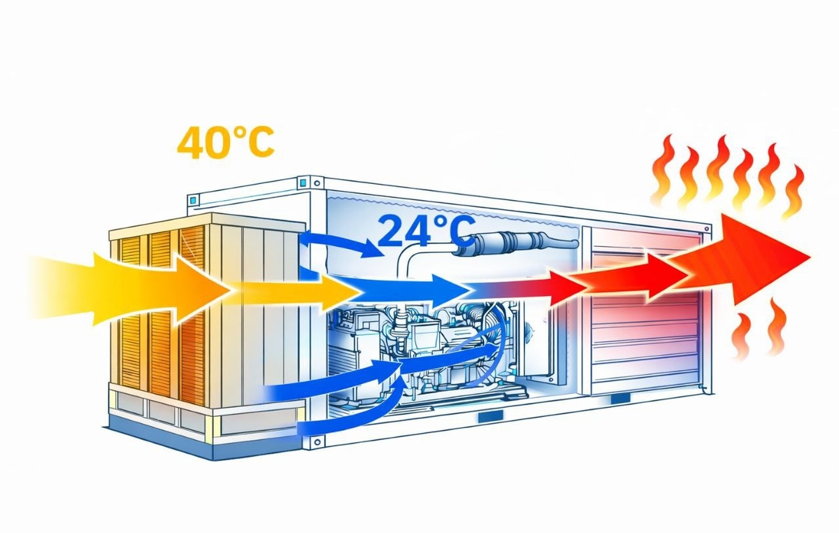 Схема применения адиабатического охлаждения бризус для контейнера дизель-генератора