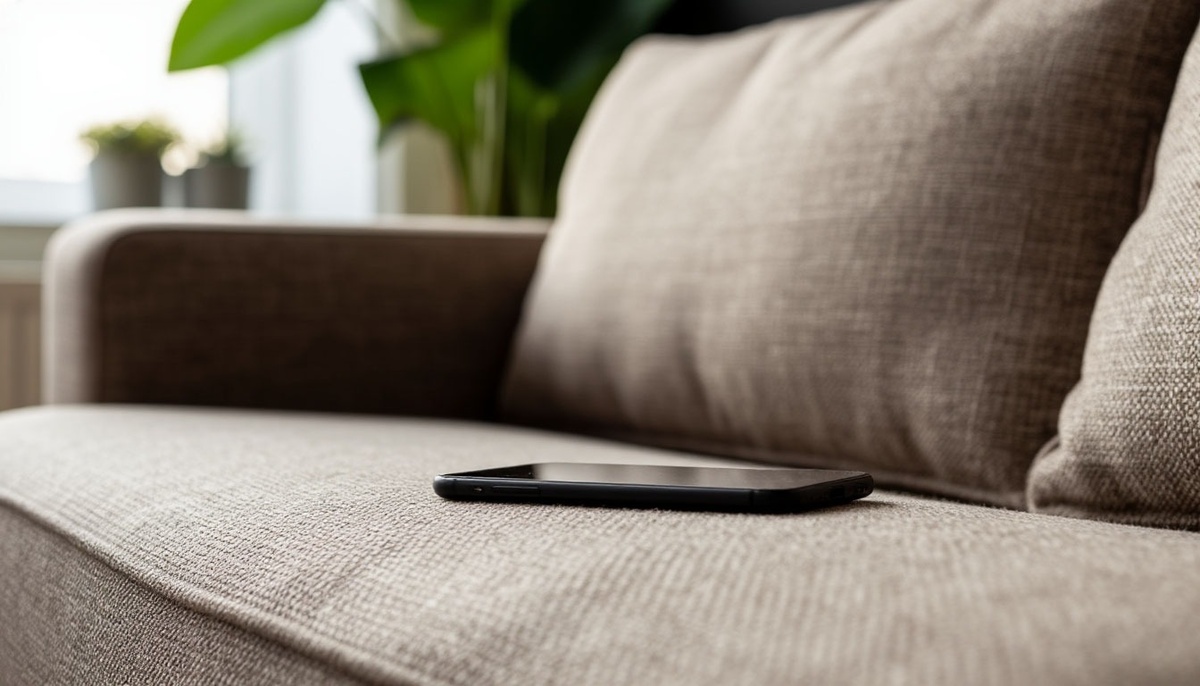 Мобильный телефон лежит на диване