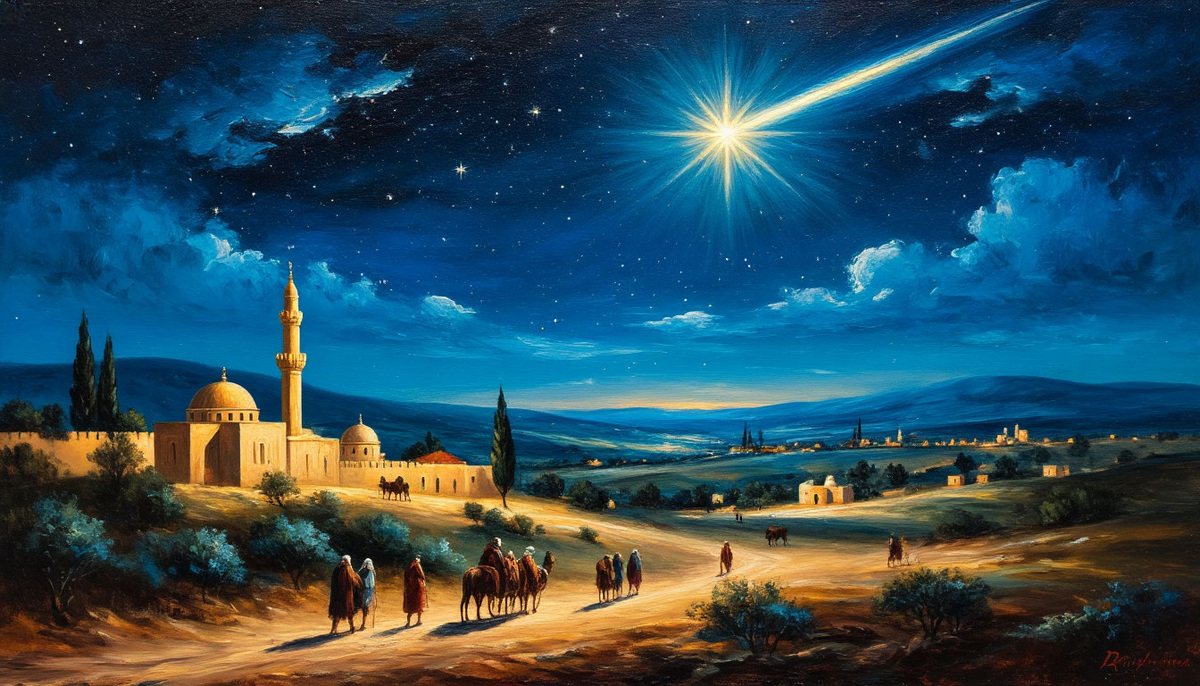 Фото 1. «Звезда над Вифлеемом»

Название: Астрономическое явление в канун Рождества.

Дата/период: I век н. э. (реконструкция).

Техника: цифровая художественная реконструкция.

Размеры: 60 × 90 см (печать).

Описание: ночная сцена с доминирующей кометой, символизирующей «звезду волхвов». В нижней части — силуэты каравана и пастухов.

Контекст: согласно Евангелию от Матфея, небесное явление стало ориентиром для мудрецов, искавших родившегося Царя Иудейского.

Символика: звезда как божественный знак, ведущий к цели; контраст тьмы и света — метафора поиска истины.