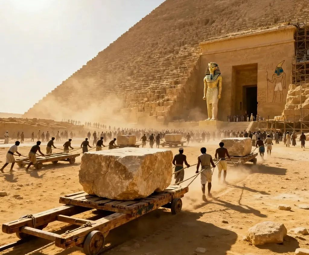 Этот кадр — реконструкция строительства Великой пирамиды в Гизе. Десятки тысяч реальных людей, а не пришельцев, тянут блоки по пандусу: никакой магии, только математика, физика и пот.
