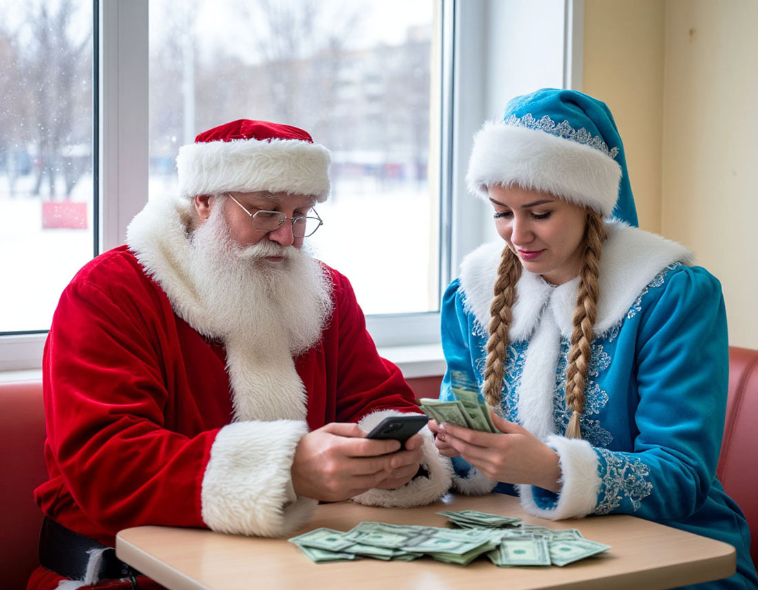 Дед Мороз и Снегурочка после напряжённых трудовых будней