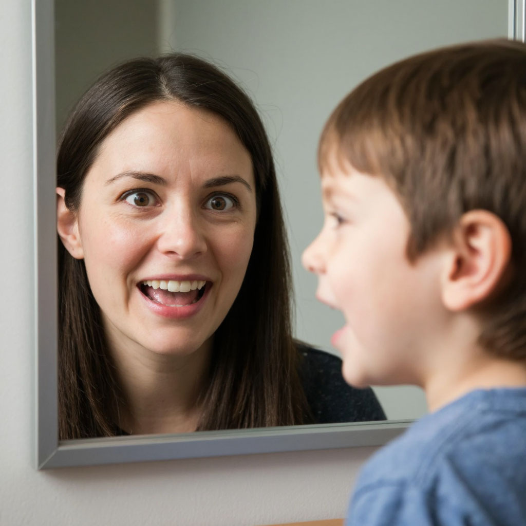 Артикуляционная гимнастика дома перед зеркалом. Иллюстрация из нейросети.