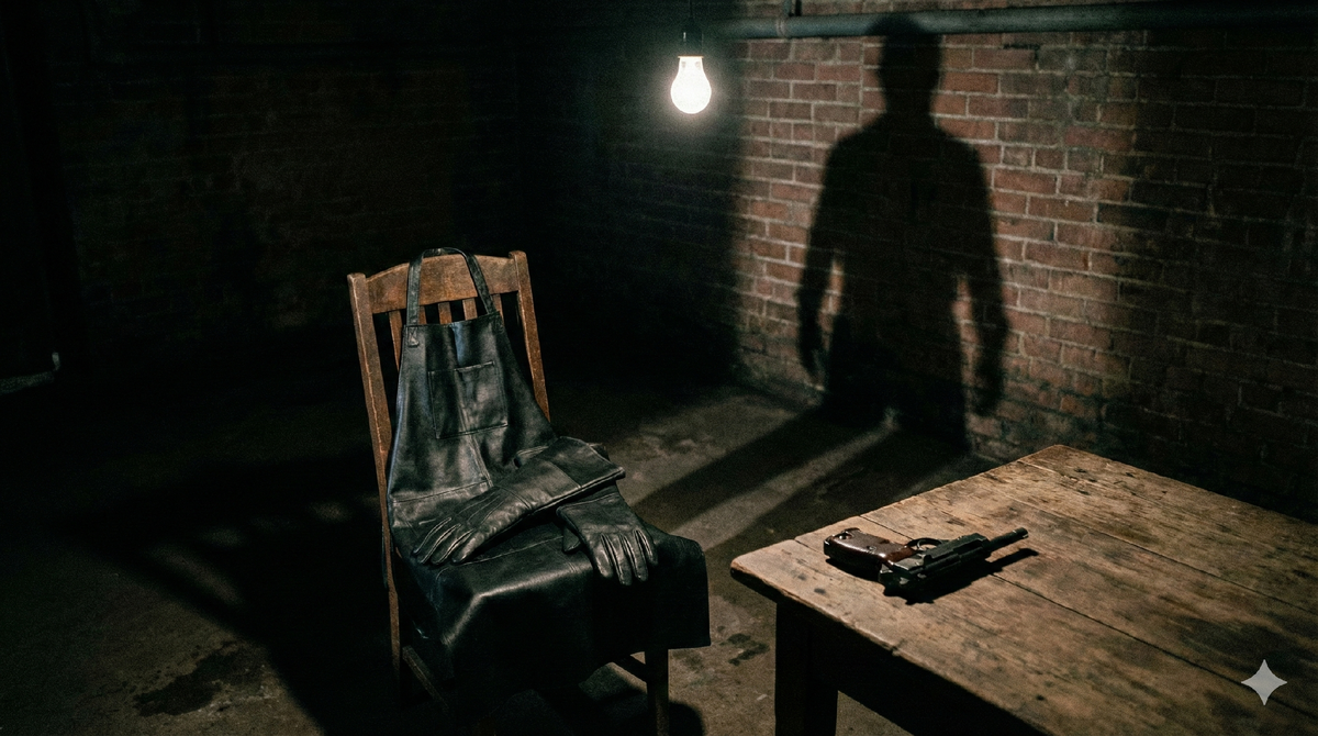 Инвентарь смерти. Кожаный фартук и перчатки были не прихотью, а производственной необходимостью — кровь с них смывалась легче, чем с ткани. Так начиналась смена «исполнителя».