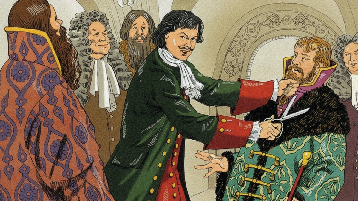 Петре I лично, взяв ножницы, публично обрезал бороды нескольким боярам на приёме