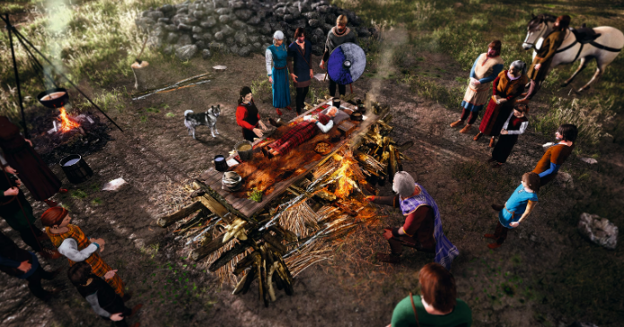 Кремация, требующая сильного огня, была распространённой практикой погребения в эпоху викингов, и разведение погребального костра, способного гореть при высокой температуре, было ценным навыком. Сам огонь играл центральную роль в ритуале: он символизировал мощную энергию, необходимую для освобождения души умершего, и многие верили, что дым переносит душу в загробную жизнь. Кремации обычно проводились на месте будущего захоронения или рядом с ним. Могильные курганы, в свою очередь, были не просто мемориалами. Они часто символизировали статус и обозначали право собственности на землю.