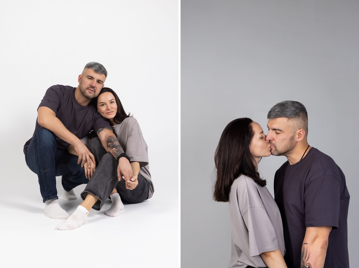    Один источник света, спокойная одежда, нейтральный фон и лица, где видно кожу и текстуру, а не идеальную фарфоровую поверхность, которую сейчас за пару секунд генерирует ИИ. Такой кадр воспринимается дорого, потому что он честен и минималистичен / Фото: Елизавета Чечевица