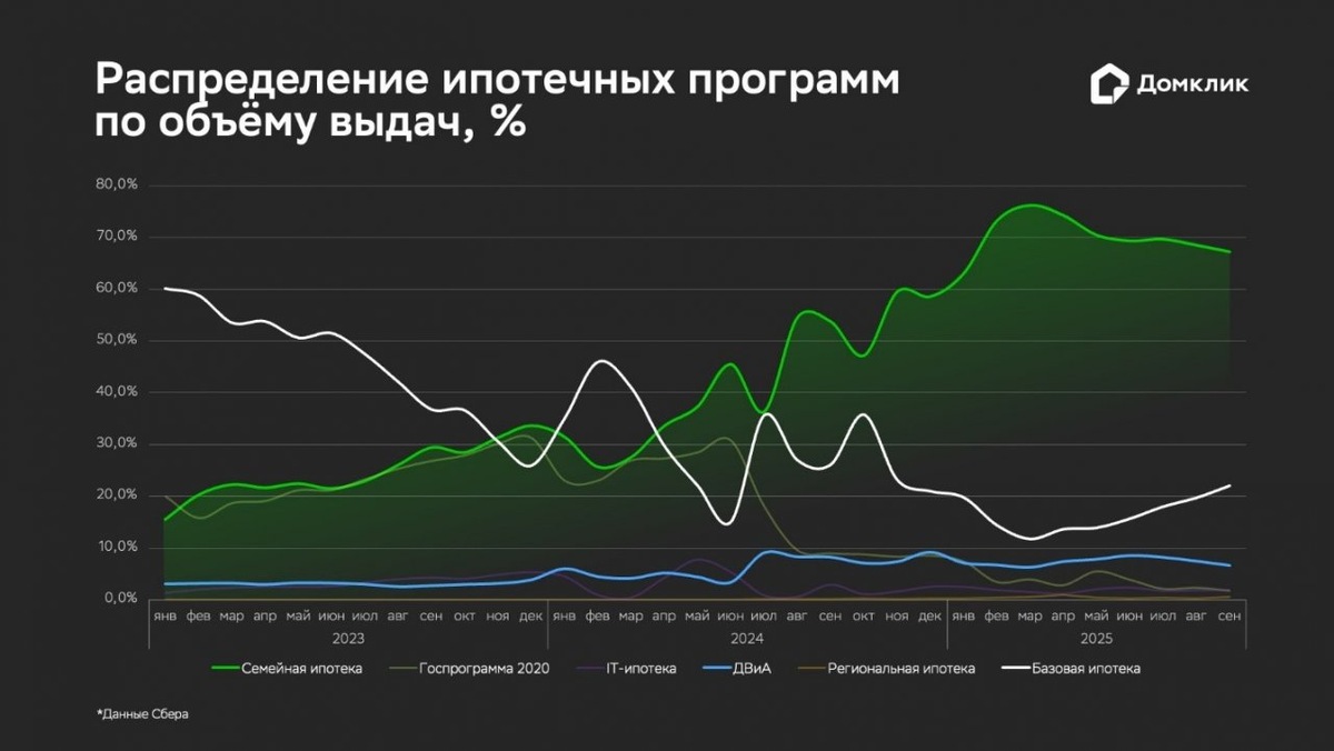 Ипотечные программы по объему выдачи в процентах. Источник: blog.domclick, данные Сбера