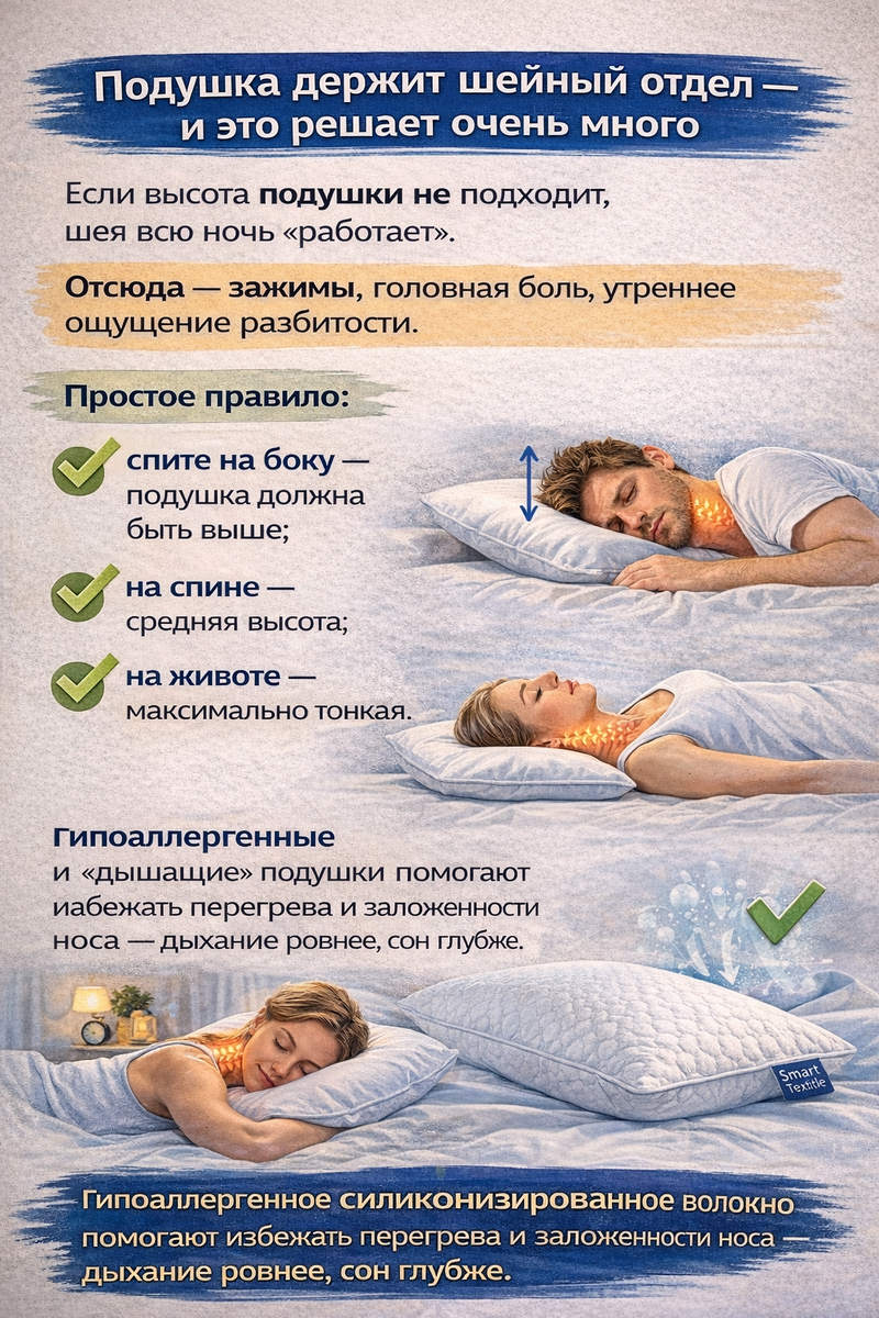Подушка держит шейный отдел — и это решает очень много