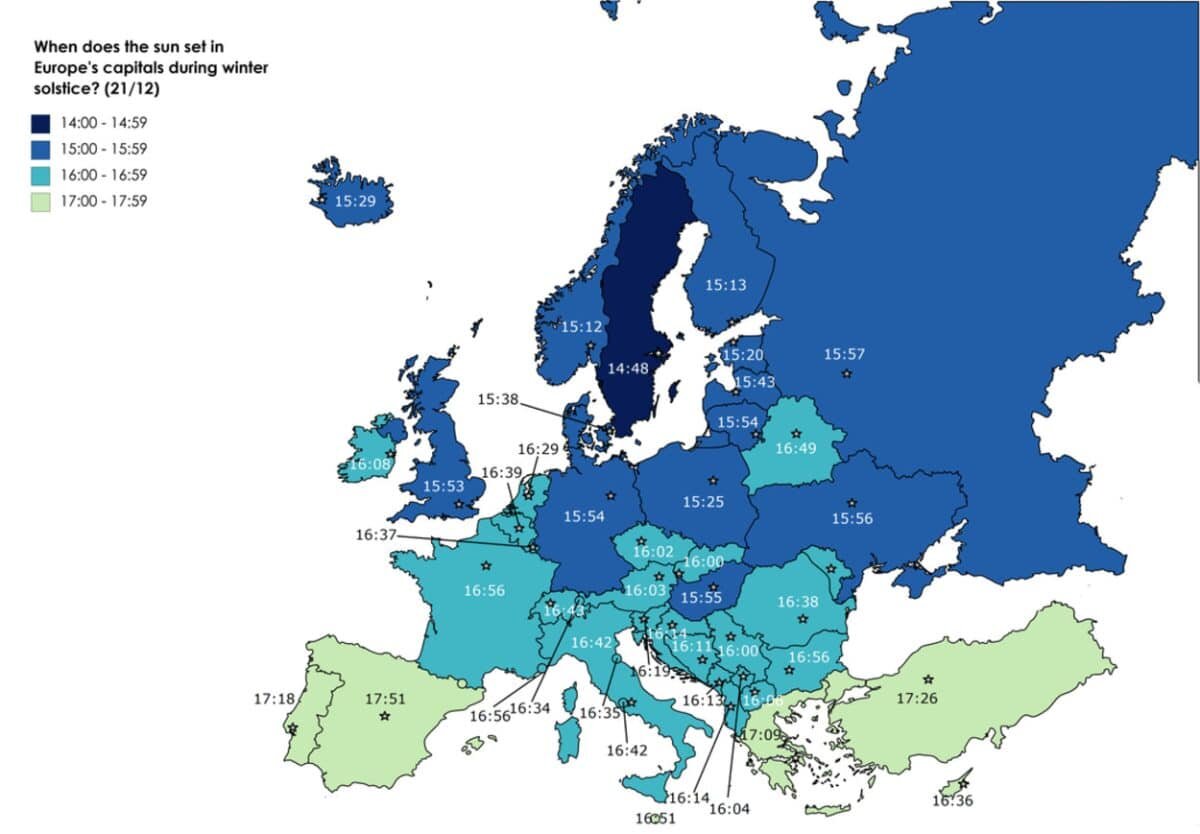    Инфографика: заход солнца в европейских столицах в день зимнего солнцестояния / © Reddit