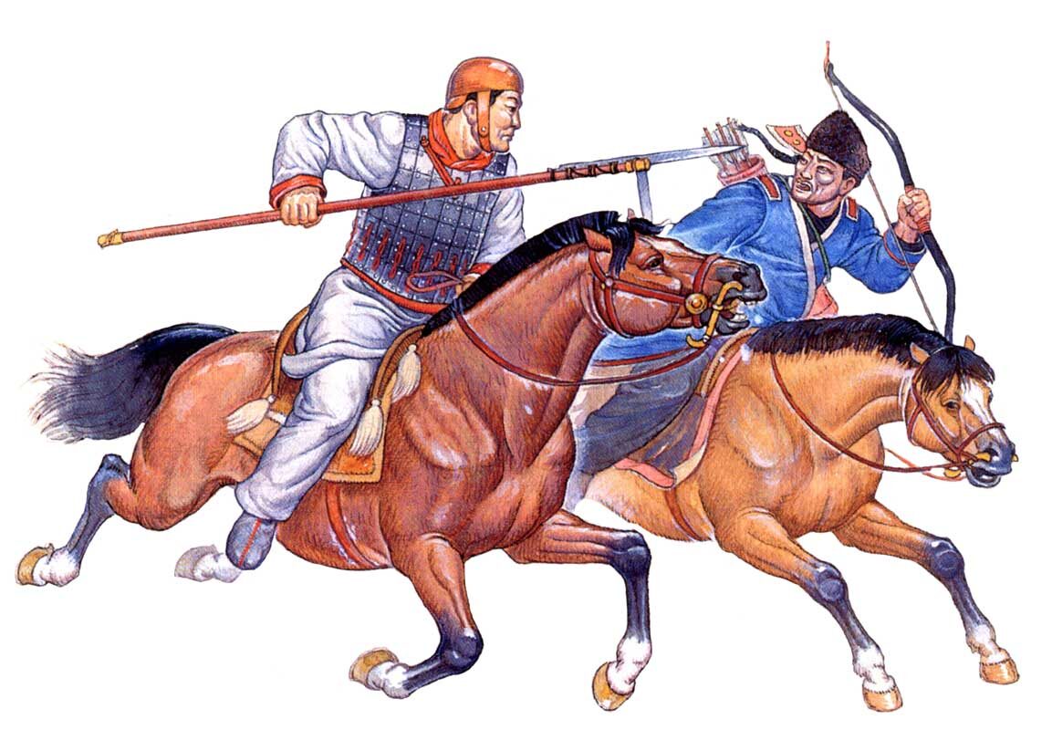 Китайский воин атакует конного лучника хунну.