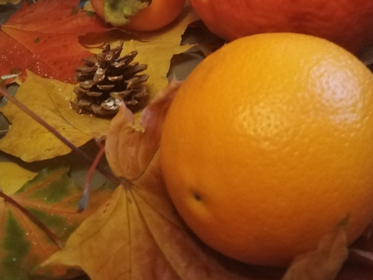В ОСЕННИХ ЛИСТЬЯХ АПЕЛЬСИН, натюрморт от внучек. Из личных фото автора Лидии Шатиловой