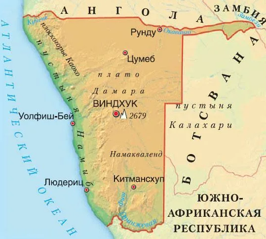Пустыня Намиб на карте Намибии