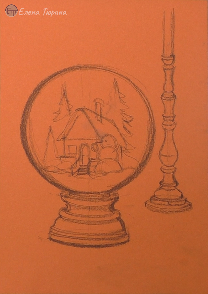 Художник: Елена Тюрина. Начало рисования. Новогодний снежный шар. Бумага. Сухая пастель. Размер: 29,7 х 21 см. 2022 г.