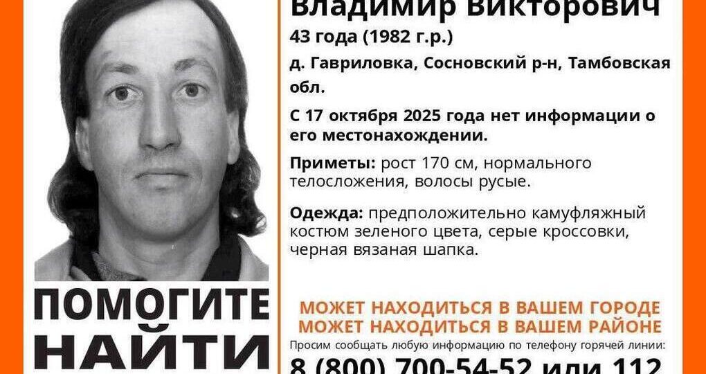 В Тамбовской области разыскивают мужчину, пропавшего в середине октября